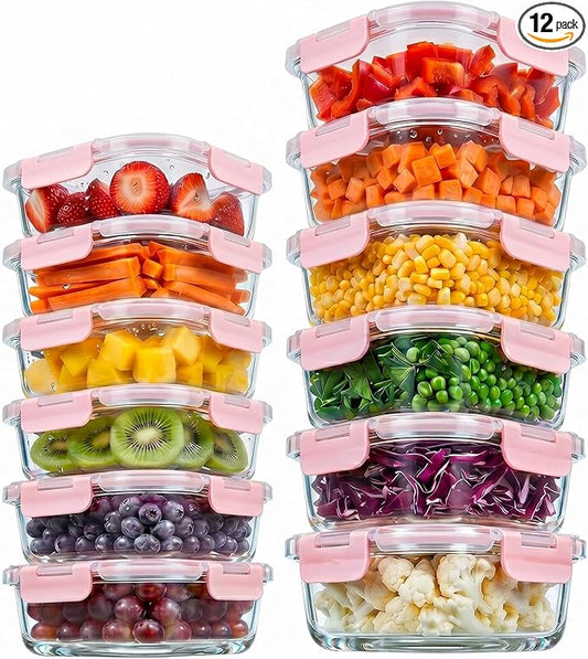 Konokyo Square Glass Food Storage Containers with Lids, 12 Pack Airtight Leakproof Meal Prep Containers, BPA-Free, Microwave Oven Freezer & Dishwasher Safe, Assorted Sizes