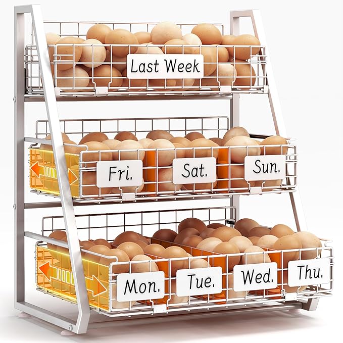 Sevenblue Upgraded Egg Holder Countertop with Removable 5 Dividers & Date Plate, 3 Tier Pull Out Large Egg Basket for Gathering Fresh Eggs, Kitchen Organizer, The Size - 16.7“x16.6”x11.3