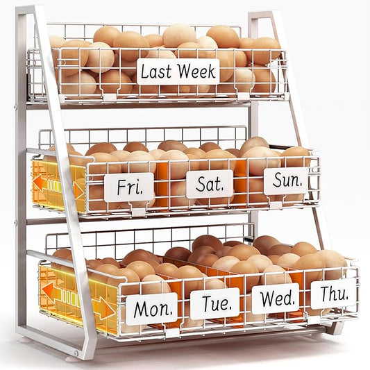 Sevenblue Upgraded Egg Holder Countertop with Removable 5 Dividers & Date Plate, 3 Tier Pull Out Large Egg Basket for Gathering Fresh Eggs, Kitchen Organizer, The Size - 16.7“x16.6”x11.3