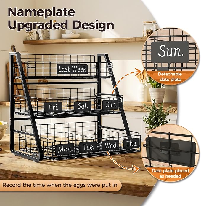 Sevenblue Upgraded Egg Holder Countertop with Removable 5 Dividers & Date Plate, 3 Tier Pull Out Large Egg Basket for Gathering Fresh Eggs, Kitchen Organizer, The Size - 16.7“x16.6”x11.3"