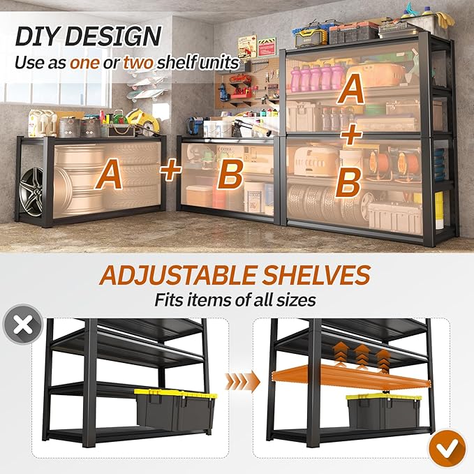 2000lbs Heavy Duty Garage Shelving, 5-Tier Adjustable Storage Shelves, 72" H x59 W x 19.6" D, Utility Metal shelvingfor Warehouse, Basement, Garage