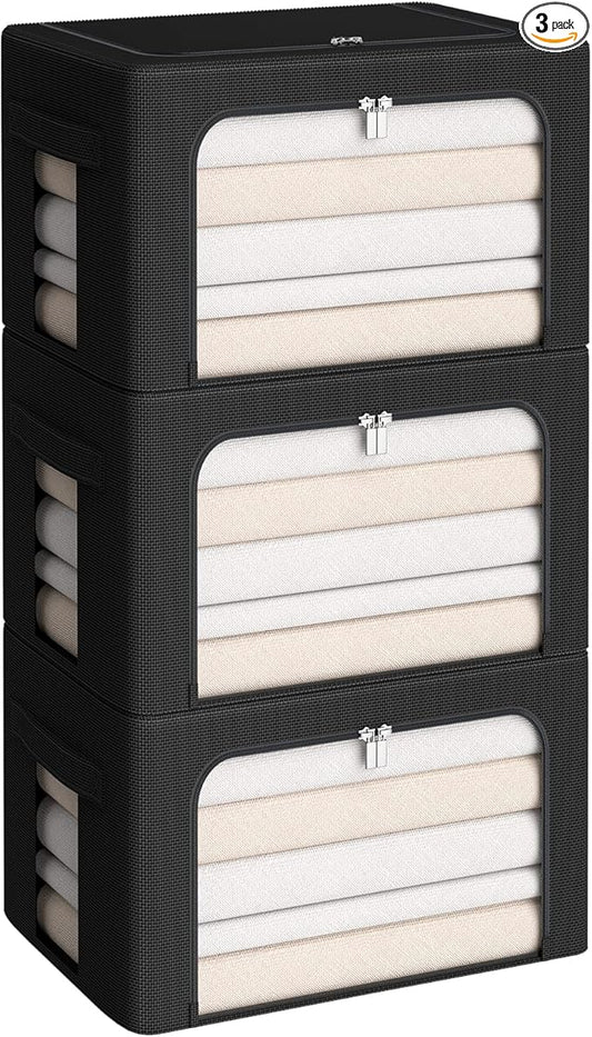 CYhom 3Pack Frame Storage Box - Clothes Storage Bin Bags Oxford Fabric Foldable Stackable Container Organizer Set with Clear Window & Carry Handles (Black, X-Small-36L)