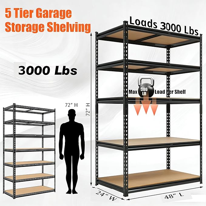 60x24x72 Heavy Duty Garage Storage Shelves,5-Tier Adjustable Metal Shelving Units, 2500 LBS Load Capacity Industrial Utility Storage Racks for Warehouse Pantry Shed Basement Garage Organization