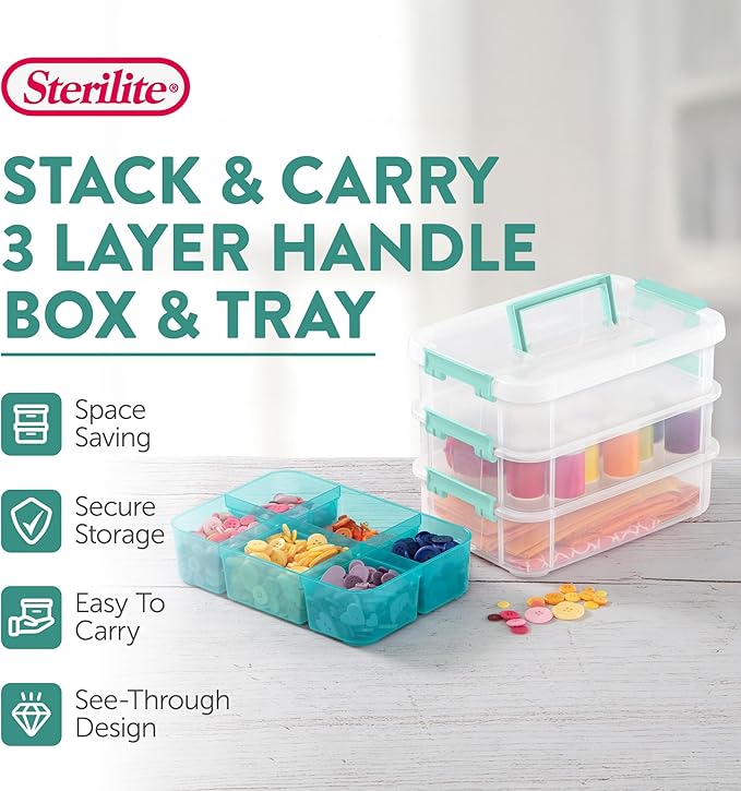 Sterilite 18 Pack Plastic Storage Box Container, 3 Layer, Stack and Carry, Clear/Blue
