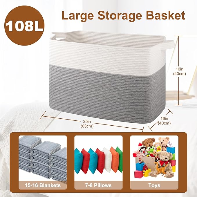 OIASKET XXXL Supre Large Blanket Basket for Clothes, Towels, Pillows, 108L Cotton Rope Storage Basket for Living Room, Woven Toy Storage for Kids, 25" x 16" x 16", Grey and White