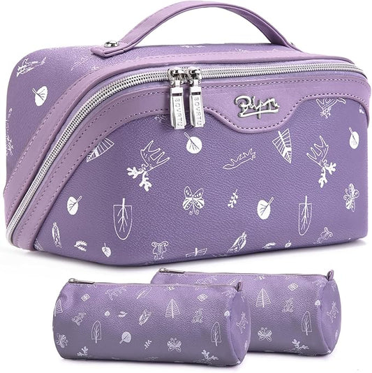 BOYATU Travel Makeup Bag Cosmetic Bags for Women: 3 Pcs Set Portable Make up Bag with Handle - PU Leather Toiletry Bags with Compartments - Makeup Organizer for Travel Essentials(L-3-Purple)