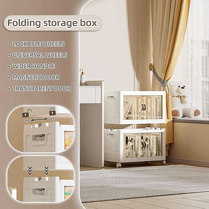 100 QT / 25 Gal Rolling Foldable Storage Cabinet with Stackable Feature - Double Magnetic Doors, Leather Handles, Durable Plastic for Closet/Office, Easy Assembly & Move