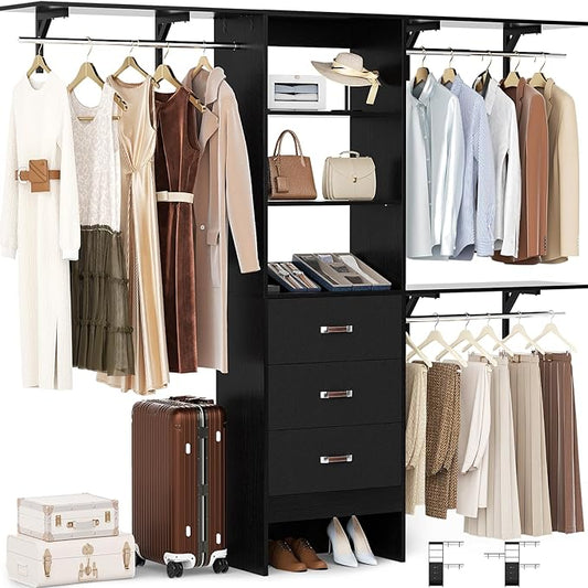 Besiost Closet System with Drawer - 8FT Wood Closet Organizer System with 3 Hanging Rods and Shelving Tower, 96" Walk In Closet Organizer Wardrobe, Heavy Duty Garment Rack Clothes Rack, Black