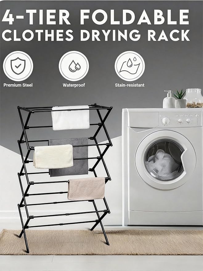 ZOES HOMEWARE 4-Tier Clothes Drying Rack, 4ft High Foldable Drying Rack Clothing for Indoor & Outdoor, Portable Collapsible Laundry Dryer for Laundry Room and Apartment, Black 29" L x 49" H x 11.5" W
