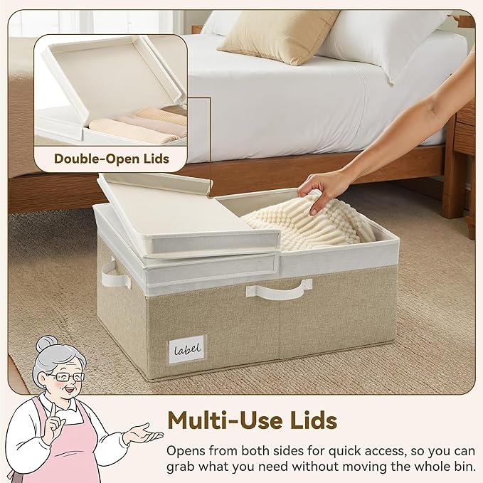 GRANNY SAYS Decorative Storage Boxes with Lid, Large Storage Bins with Label, 63L Fabric Storage Bin for Clothes, Toy Storage Chest, Memory Keepsake Box, White/Khaki