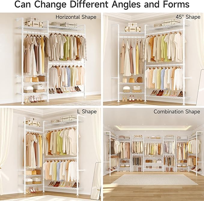 ONBRILL H2 Plus Expandable Wall Mounted Closet System, 3.8FT-5.1FT Closet Organizer with Telescopic Shelves & Adjustable Rods, Industrial Pipe Clothing Rack for Walk-in & Reach-in Closet (White)