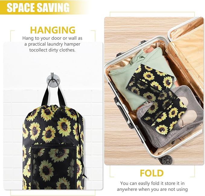 Olosar Laundry Bag Backpack, Extra Large Travel Laundry Bag with Mesh Pocket & Adjustable Shoulder Straps,Dirty Clothes Travel Bag for College Students Dorm,Apartment(Sunflower)