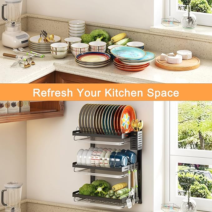 PUSDON 3 Tier Wall Mounted Dish Drying Rack, Black Rustproof Hanging Dish Drainer Organizer with Utensil Holder & Removable Drainboards, Adjustable Heavy Duty Kitchen Space Saver