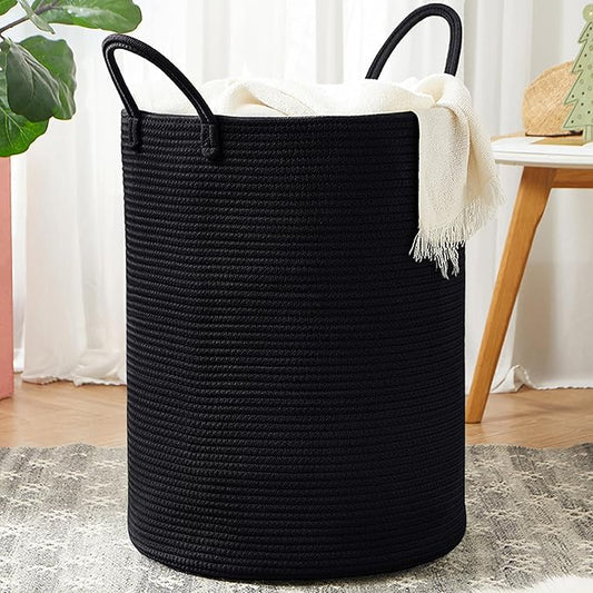 80L Extra Large Black Laundry Hamper Tall Woven Rope Laundry Basket for Clothes Modern Blanket Storage Basket in Living Room Bedroom 16"L x 16"W x 22"H