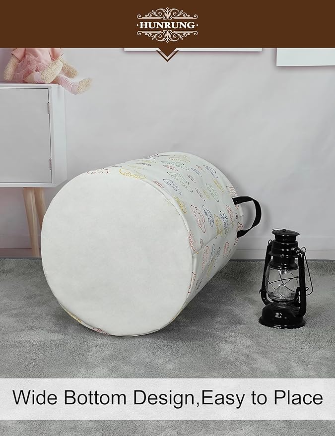 HUNRUNG Collapsible Fabric Storage Basket, Waterproof Laundry Hamper with Handles, Round Storage Bin for Clothes Toys, Foldable Organizer for Bedroom Nursery Bathroom(Round-Colorful Car)