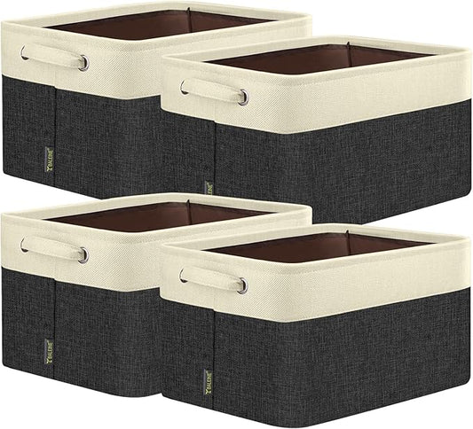 BALEINE Fabric Storage Bins for Shelves, Linen Storage Baskets for Organizing, Decorative Closet Storage Bins for Clothes, Toys, Home Storage (Black, 4 Pack)