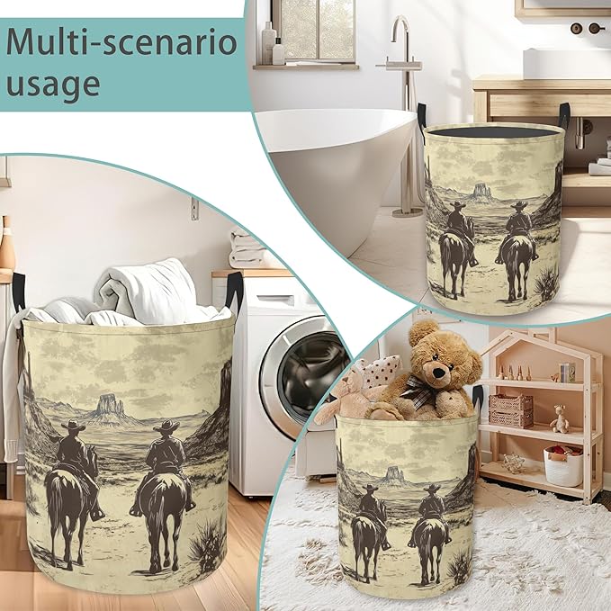 Vintage West Cowboy Round Laundry Basket Collapsible Laundry Hamper with Handles Toys Clothes Organizer Bin For Home Bathroom Bedroom Dorm Nursery