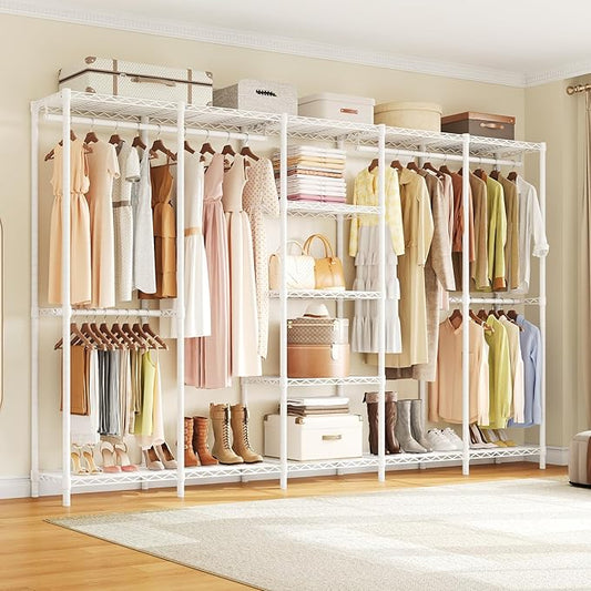 ONBRILL F5 Extra Large Industrial Pipe Clothing Rack, Freestanding Portable Closet Organizer System with Shelves & Hanging Rods, 88.6'' Wide Heavt Duty Clothes Rack, Max Load 1300lbs, White