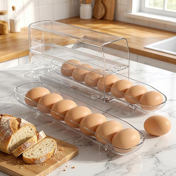 theaoo Auto Rolling Egg Dispenser for Refrigerator with Quick Removable Inner Tray, Space-Saving Egg Organizer and Holder, Egg Storage Container for Fridge, Easy to Load and Grab Eggs (2 Pack)