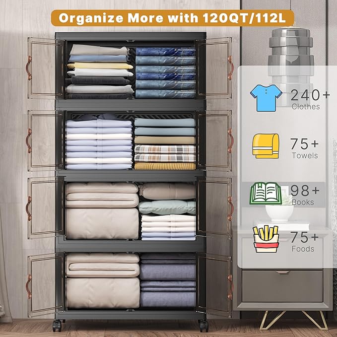 UAMFURI Extra Large Stackable Storage Bins with Lids & Wheels, 480QT-120QT/30GAL*4Pack Foldable Collapsible Closet Organizers Storage Cabinet with Doors for Bedroom Dorm