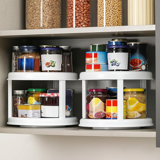 2 Pack, 2 Tier 10" Turntable Lazy Susan Spice Organizer - Rotating Seasoning Rack Spinner for Pantry Cabinet Kitchen Countertop, Table Top Organizing - Multiuse Two Tier Rotating Organization Rack