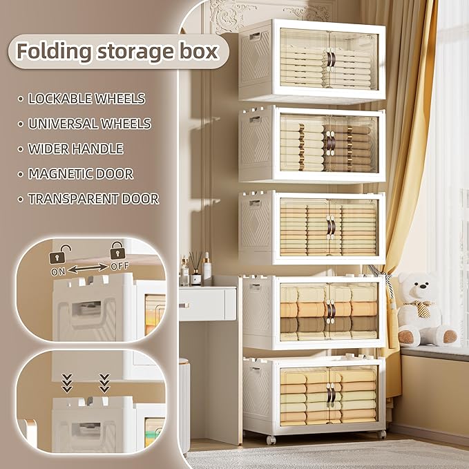 424 QT / 106 Gal Heavy Duty Double Door Storage Cabinet - Magnetic Closure, Foldable Stackable Design with Wheels & Leather Handles, Plastic Organizer for Garage/Bedroom