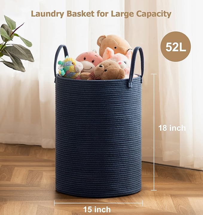 Laundry Basket, 52L Woven Laundry Hamper, Baby Nursery Hamper for Toys, Blanket Basket for Living Room, Clothes Hamper for Bedroom&Baby Room, Blue
