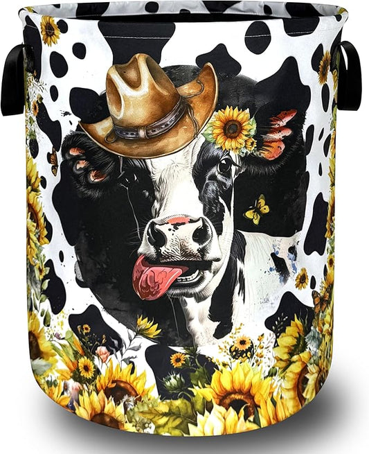 Cows Sunflowers Laundry Basket Foldable Animals Laundry Hamper With Handle Portable Oxford Cloth Clothes Storage Basket Laundry Bag 18.9"x16.5" For Laundry Room/Bedroom/Bathrooms