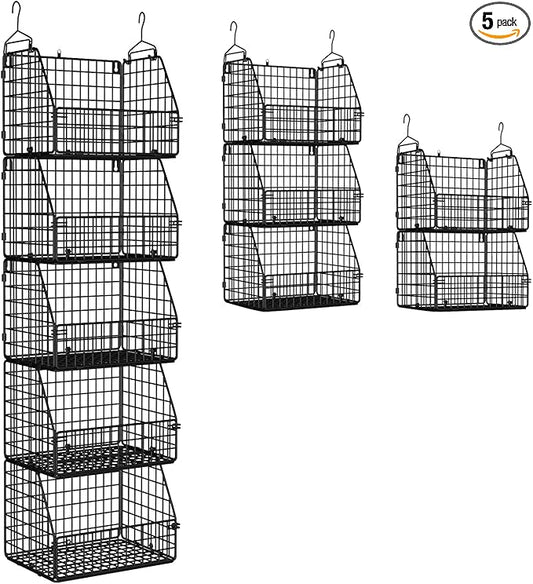 PUPPYCUTE Stackable Wire Storage Baskets for Kitchen Closet Pantry, Hanging Closet Organizers Storage Shelves Organization, Wall Mount Metal Basket Bins, Clothing Vegetable & Fruit Organizer 5 pcs