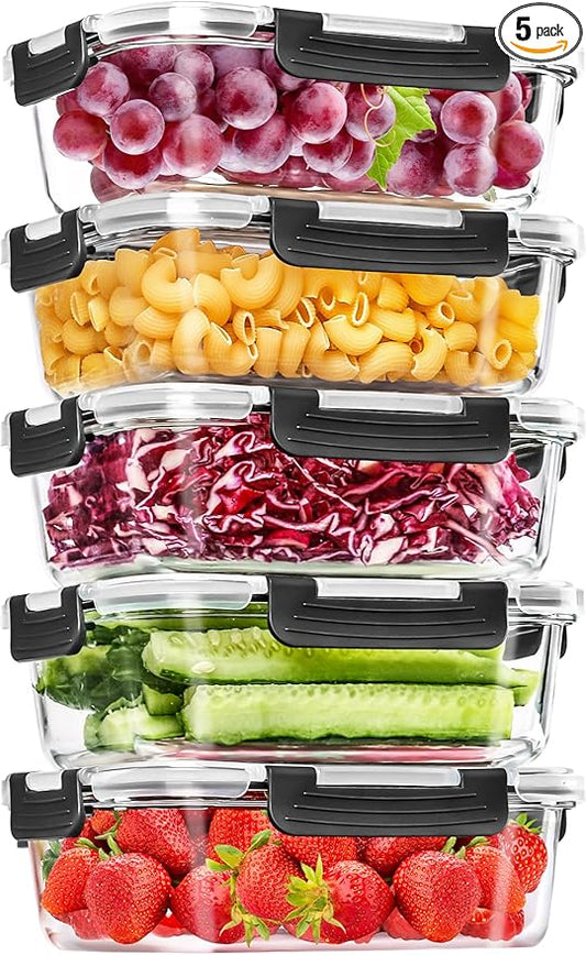Skroam 5-Packs 36OZ Glass Food Storage Containers with Lids Airtight, Glass Meal Prep Container for Lunch, Pantry Organizers and Storage, Glass Lunch Boxes for Freezer to Oven Safe, Leak Proof
