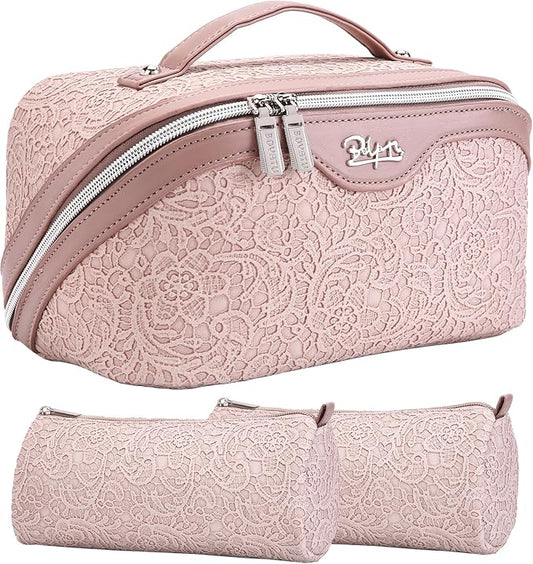 BOYATU Travel Makeup Bags Cosmetic Organizer Bag: 3-Set Large Capacity Make up Bag - PU Leather Toiletry Bags for Women - Wide Open Portable Pouch with Divider & Handle (A-Light Pink)