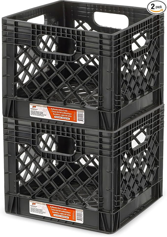 Juggernaut Storage 2-Pack Stackable Heavy Duty Milk Crates with Handles, 16 Qt, Black - Organizing Plastic Crate Basket for Grocery Shopping, Home Supplies, and Bathroom Accessories