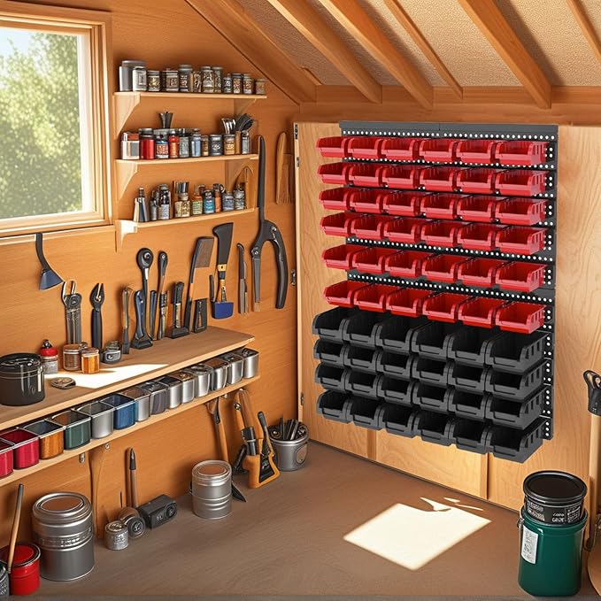 Wall Mounted Storage Bins, Nut and Bolt Organizer, Plastic Bolt Bin, Screw Organizer, Storage Bins for Garage (RED+BLACK, LARGE(60PCS))
