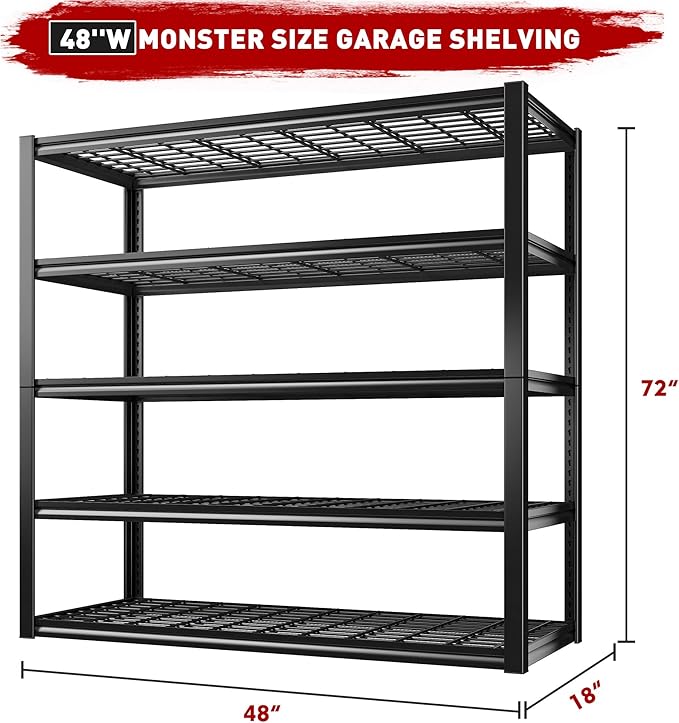 REIBII 48" W Garage Shelving Load 2500LBS, 5 Tier Storage Shelves, Adjustable Garage Storage Shelves, Heavy Duty Shelving for Warehouse, Pantry, Basement, Commercial, 48" W X 72" H X18 D