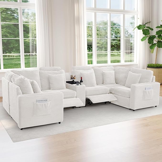 LEVNARY Modular Lift-Top Console with USB Charging and Cup Holders, Center Storage Module for Modular Reclining Sofa (White)