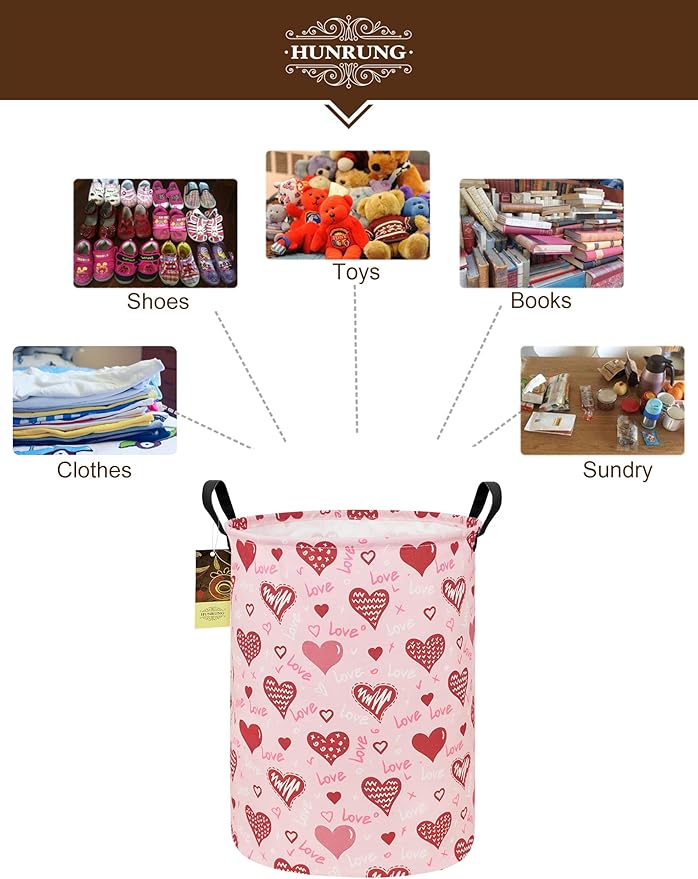 HUNRUNG Collapsible Fabric Storage Basket, Waterproof Laundry Hamper with Handles, Round Storage Bin for Clothes Toys, Foldable Organizer for Bedroom Nursery Bathroom(Round-Pink Love Heart)