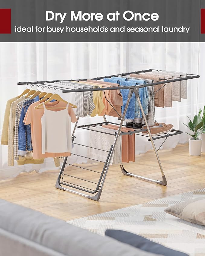 Sakugi Clothes Drying Rack, Foldable 2-Level Laundry Drying Rack with Height-Adjustable Wings, for Clothing & Bedding, Free-Standing Space-Saving Rack, Indoor & Outdoor, 55.5" L × 22.8" W, Gray