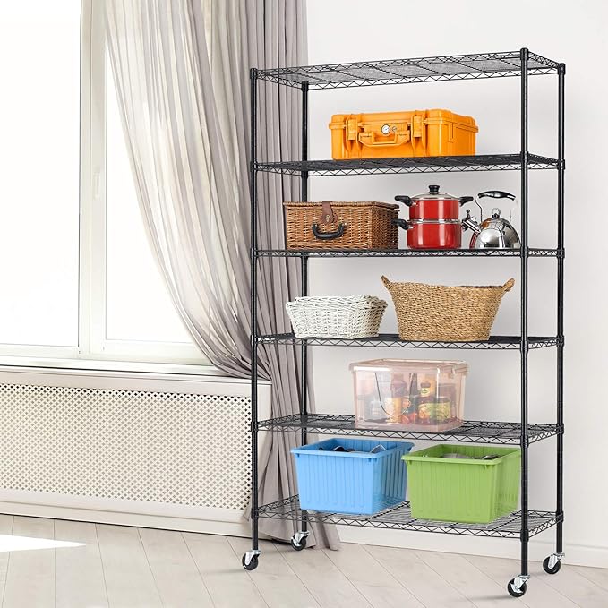 HCY 6-Tier Storage Shelf Heavy Duty Shelving Unit NSF Height Adjustable Metal Rack with Wheels for Laundry Bathroom Kitchen Garage Pantry Organization 2100 LBS Capacity-82*48*18 inch, (Black)