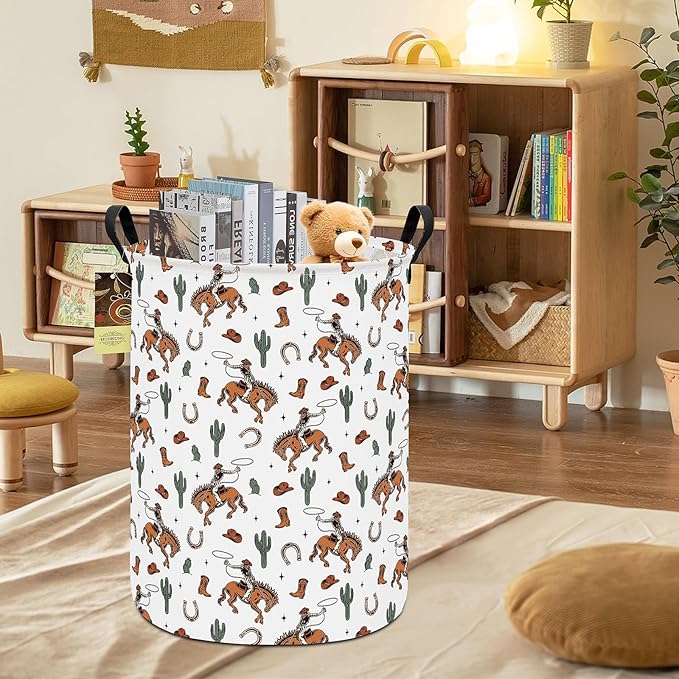 HUNRUNG Collapsible Fabric Storage Basket, Waterproof Laundry Hamper with Handles, Round Storage Bin for Clothes Toys, Foldable Organizer for Bedroom Nursery Bathroom(Round-Cowboy)