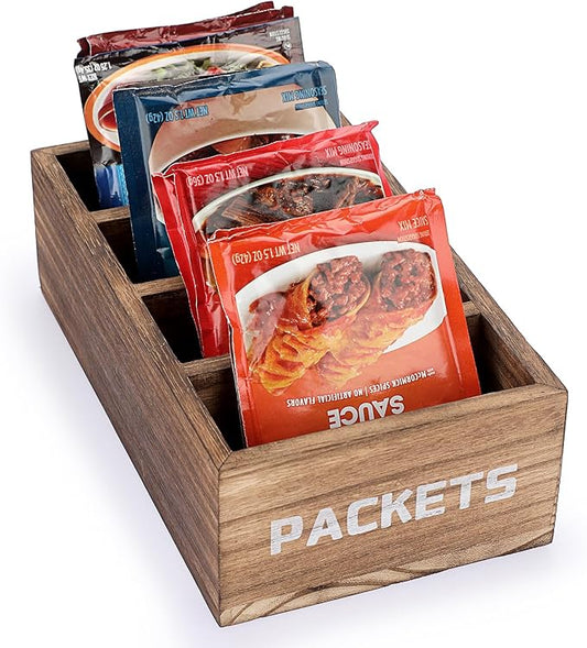 BSTKEY Seasoning Packet Organizer, Food Packet Storage Organizer with 4 Compartments, Wooden Storage Caddy for Kitchen Pantry Cabinet, Farmhouse Kitchen Organization Bin for Snacks Spice Packets