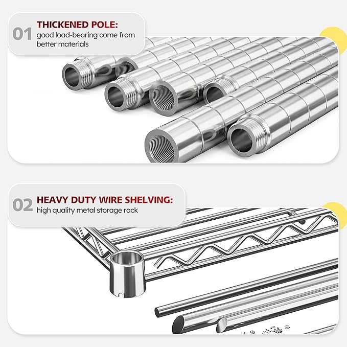 REIBII Set of 2 Storage Shelves Metal Shelving with Wheels,Adjustable Wire Shelving Rack 75.6" H Heavy Duty Garage Shelving Unit for Kitchen Pantry,Commercial Industrial Shelving for Garage 2PCS