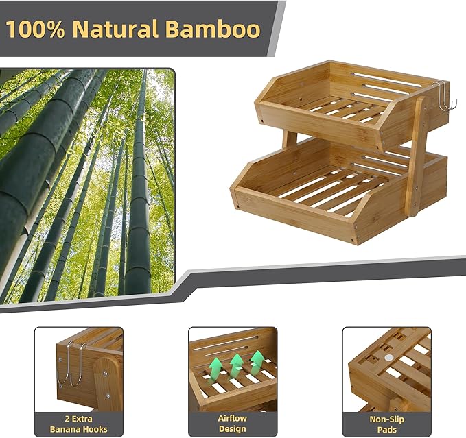 2 Tier Fruit Basket for Kitchen Counter, Large Capacity Fruit Storage Countertop, Fruit Holder, Wooden Pantry Organizers and Storage, Kitchen Countertop Organizer With 2 Banana Hangers (Walnut)