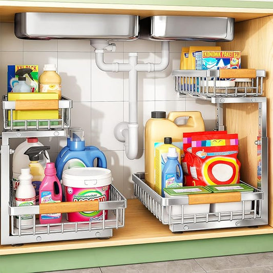 Kitstorack Under Sink Organizer, 2 Tier Under the Sink Storage, Slide out Pull out Cabinet Organizer Shelf, Metal Sliding Drawer for Kitchen Bathroom Pantry Closet Organization Rack, Silver, 1 Pack