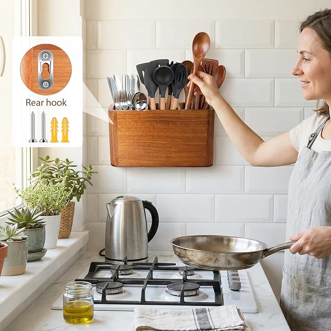 Kitchen Utensil Holder for Countertop, Extra Large Acacia Wood Utensil Organizer, 3-Compartment Storage for Cooking Utensils, Silverware and Cutlery