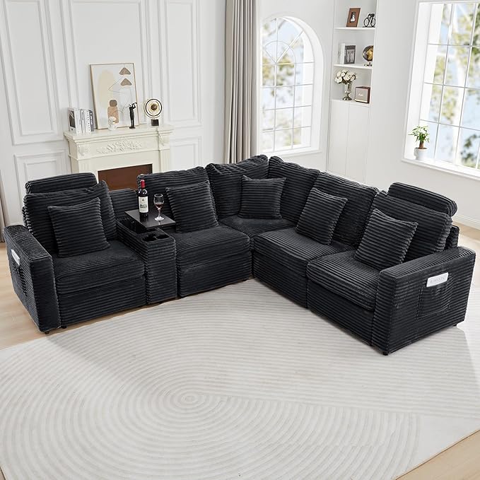 LEVNARY Modular Lift-Top Console with USB Charging and Cup Holders, Center Storage Module for Modular Reclining Sofa (Black)