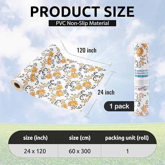 FIFTY FEET 24X120 Inch Shelf Liner for Kitchen Cabinets, PVC Drawer Liner for Dresser Non-Slip Bathroom, Non-Adhesive Cabinet Liner Washable (Yellow Floral)(1 Roll)