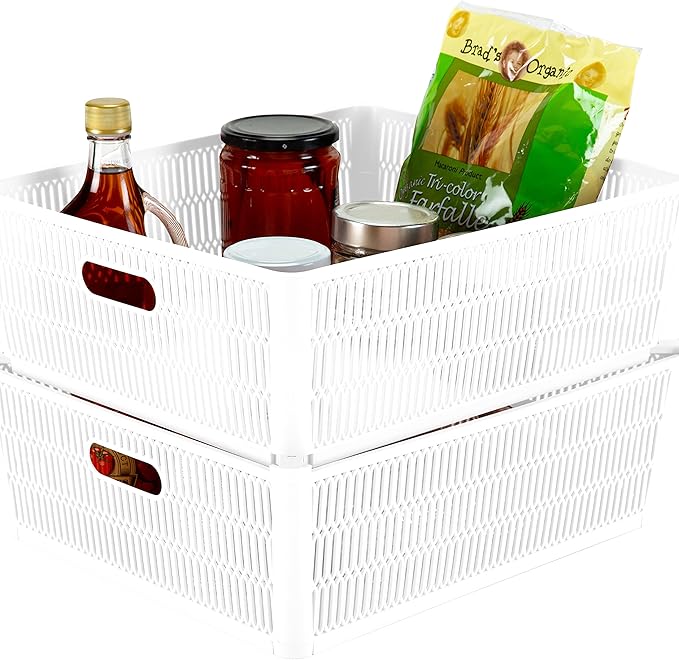 Simplify 2Pk Shallow Slide 2 Stack It Tote Basket | Storage & Organization | Open Bins with Stackable Capability | Bathroom | Crafts | Pantry | Playroom | Office | White
