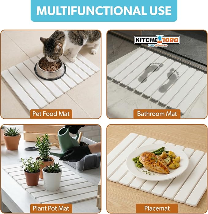 Stone Drying Mat for Kitchen Counter (White, Large) - Super Absorbent, 30sec Fast-Drying Diatomite Dish Mat, Collapsible for Kitchen.