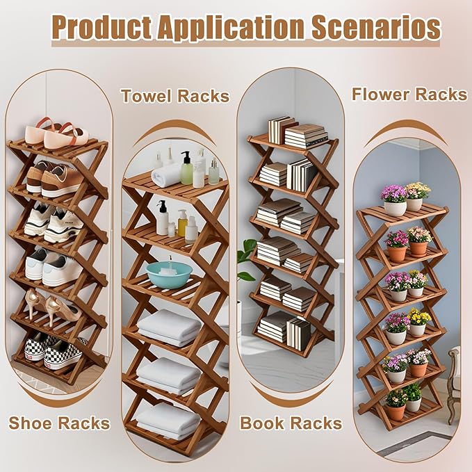 3 Tier Natural Bamboo Shoe Rack,Foldable Space Saving Shoe Storage Organizer,Easy Assembly & Strong Design Shoes Stand Shelf Organiser for Closet (Brown, Three Layers)
