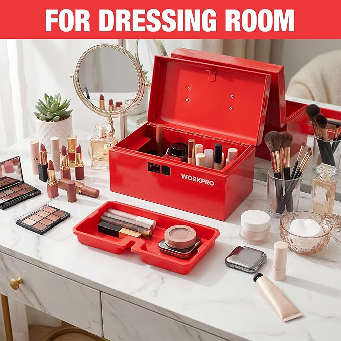 WORKPRO 10.8" Portable Mini Metal Tool Box with Removable Color-Matching Tray, One-Button Latch Toolbox, Steel Tool Chest with PP Handle, Compact Storage Organizer for Home, Office or Workshop